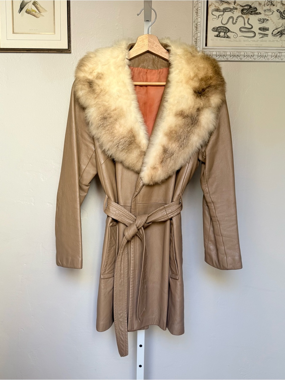 Vintage 70s Tan Leather Coat with Fur Collar
